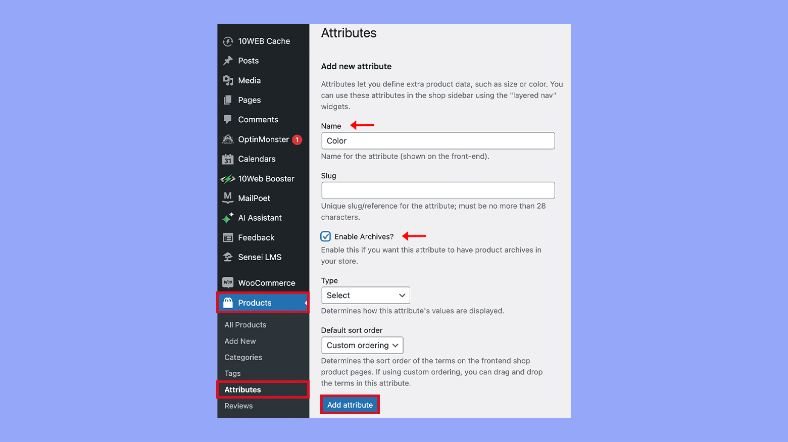 Adding the color attribute in WooCommerce