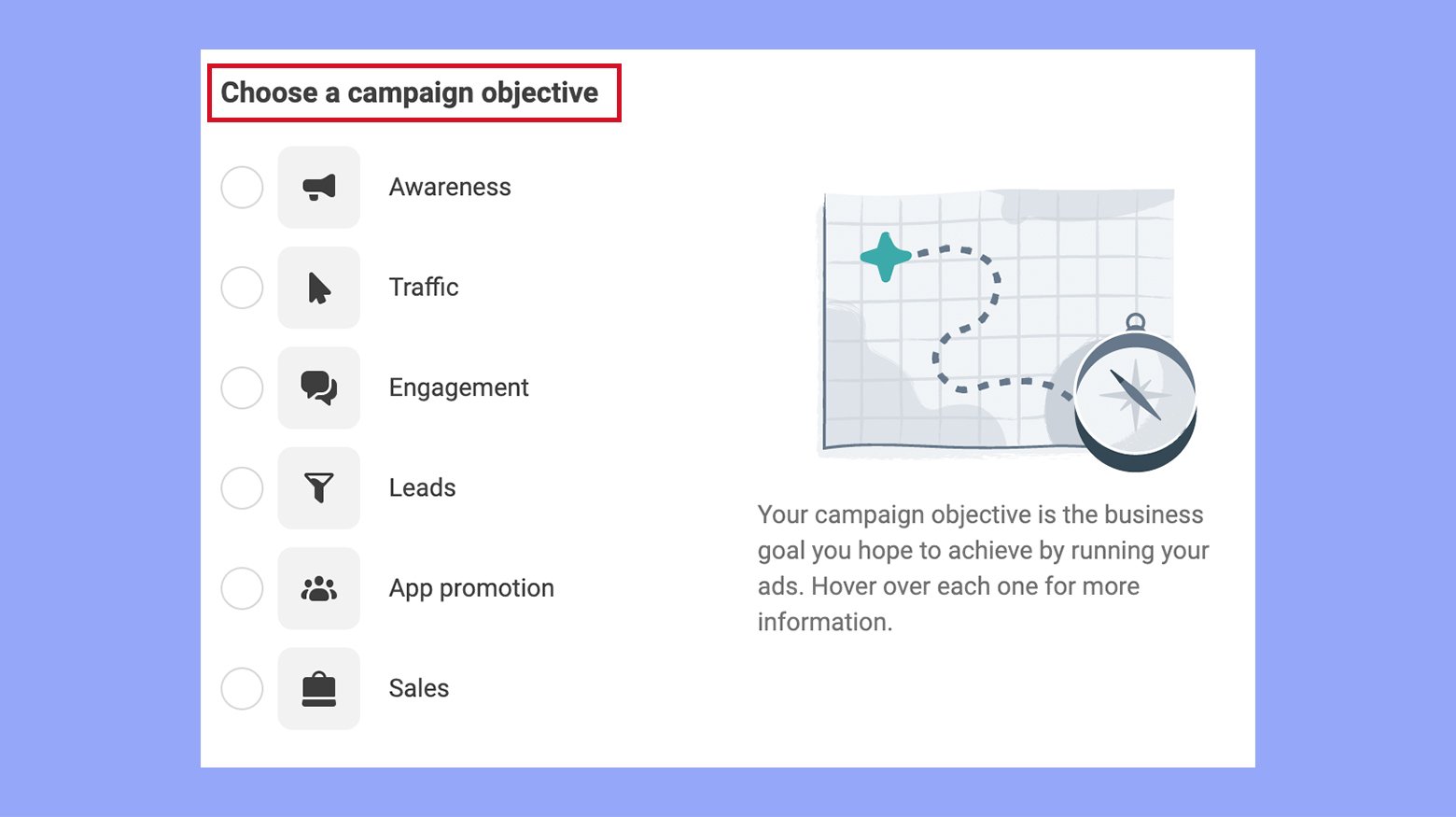 Elegir un objetivo de campaña en el administrador de anuncios de Facebook
