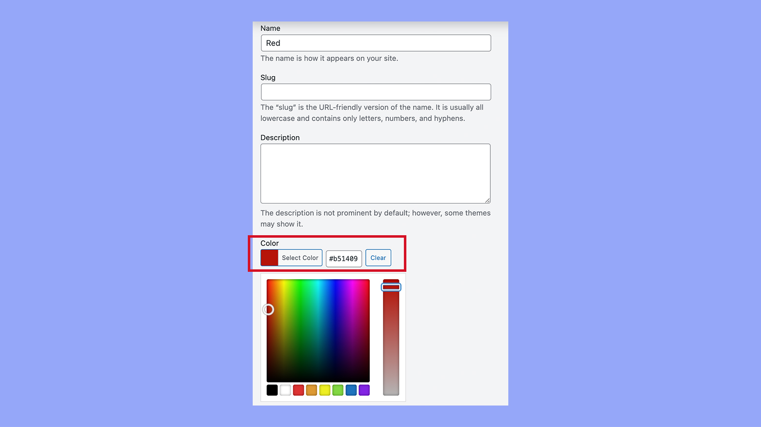 Choosing a color using the color picker in WooCommerce