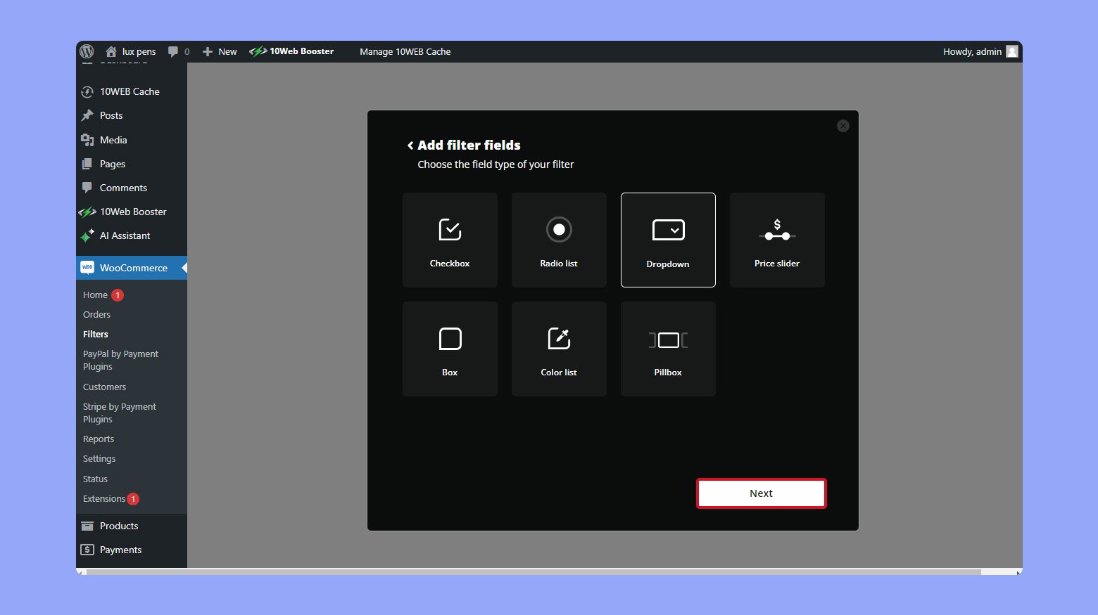 Choosing a filter field in the 10Web product filter