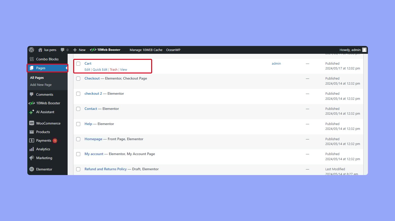 Choosing to edit the Cart page of your WooCommerce