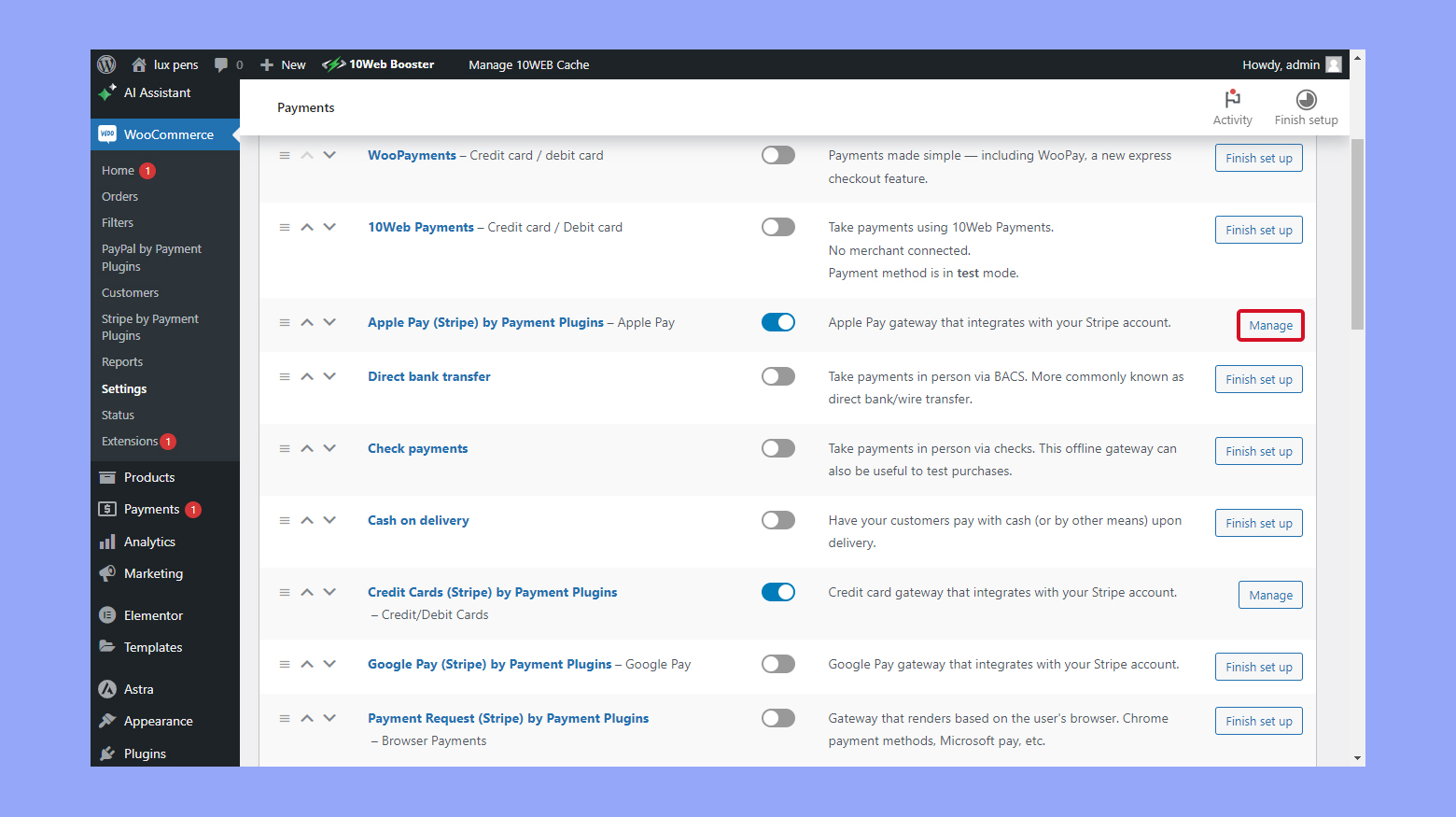 Haz clic en el botón Gestionar situado junto a Apple pay para personalizar la configuración