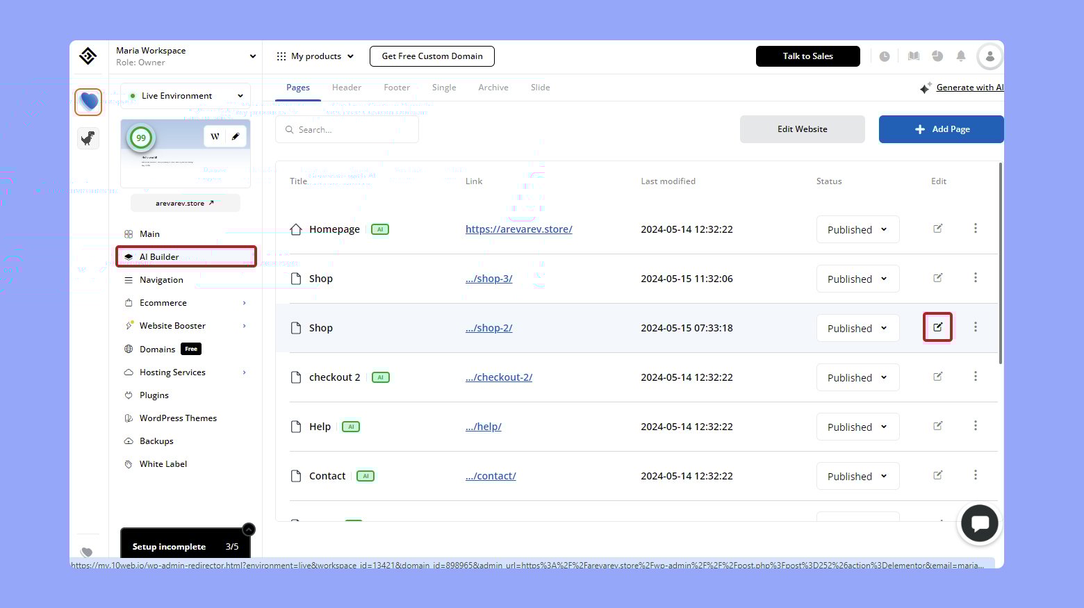 Clicking to edit a page in the 10Web Builder from the dashboard