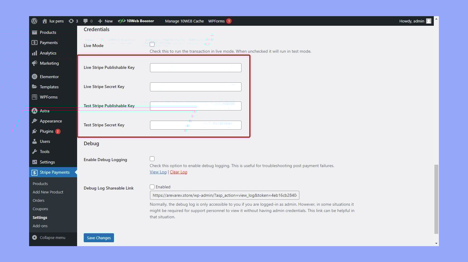 Configuring API keys in Stripe payments