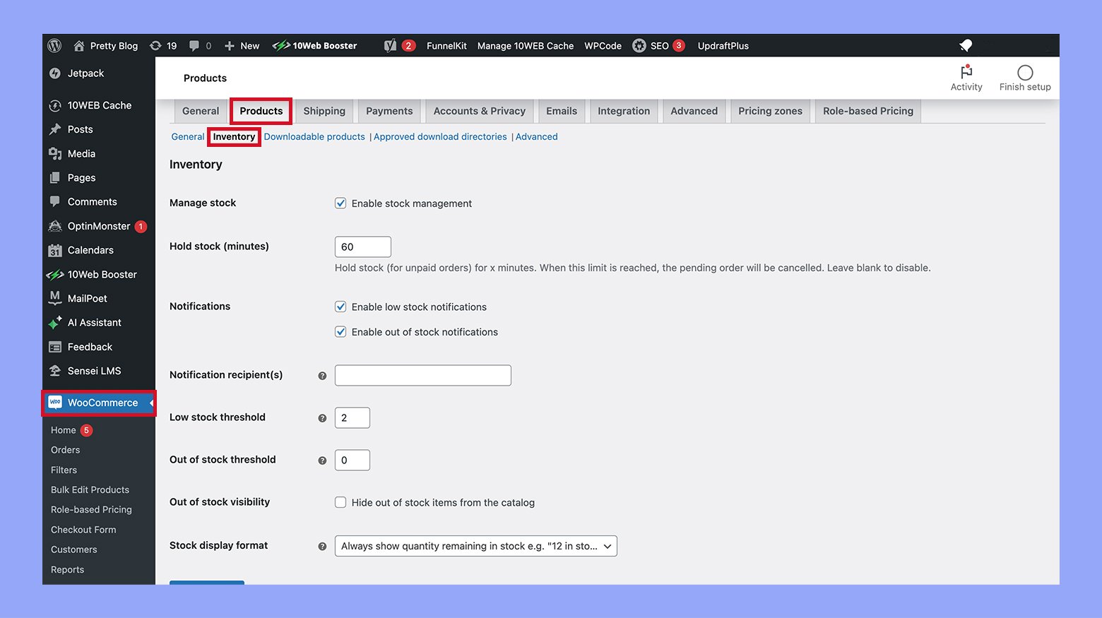 Configuring inventory settings in WooCommerce