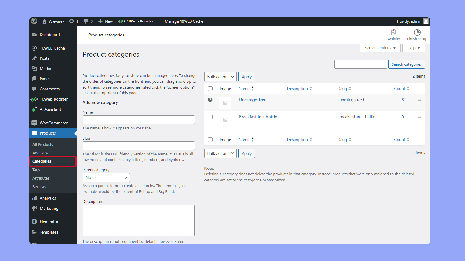 Configuring product categories.