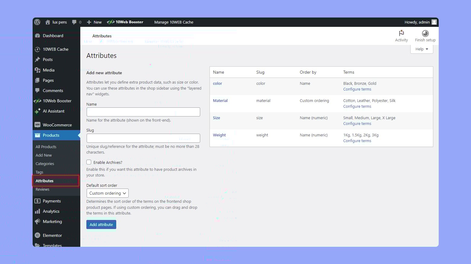 Creating Attributes in the WooCommerce Products section