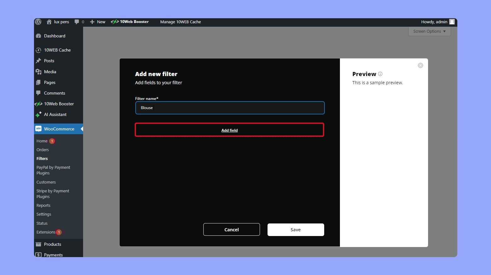 Creating a new filter using the 10Web product filter