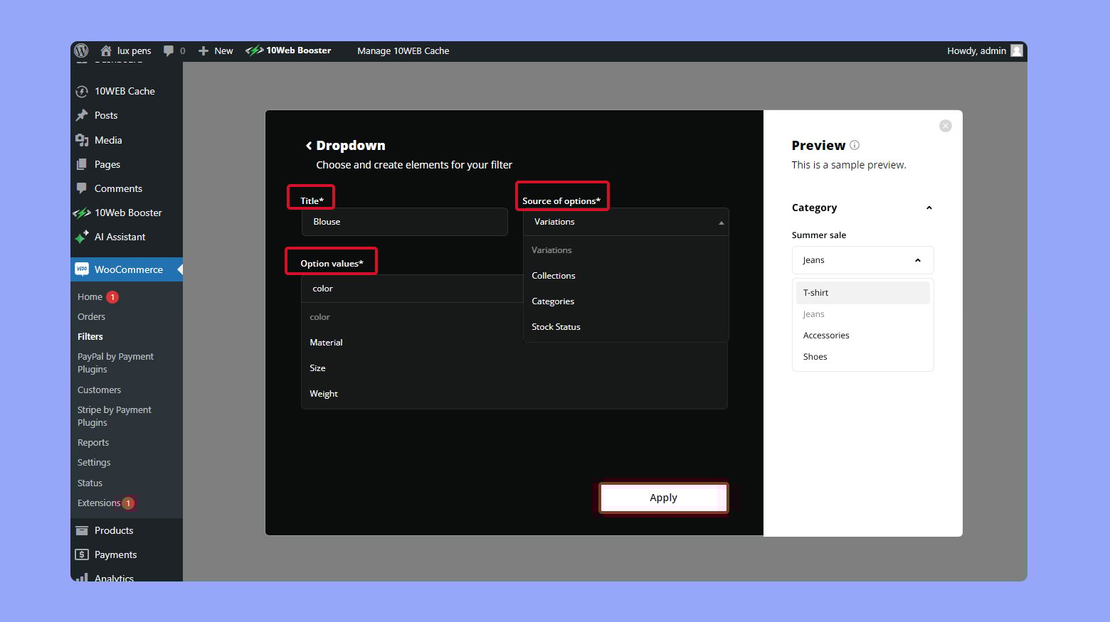 Customizing a filter field in the 10Web product filter