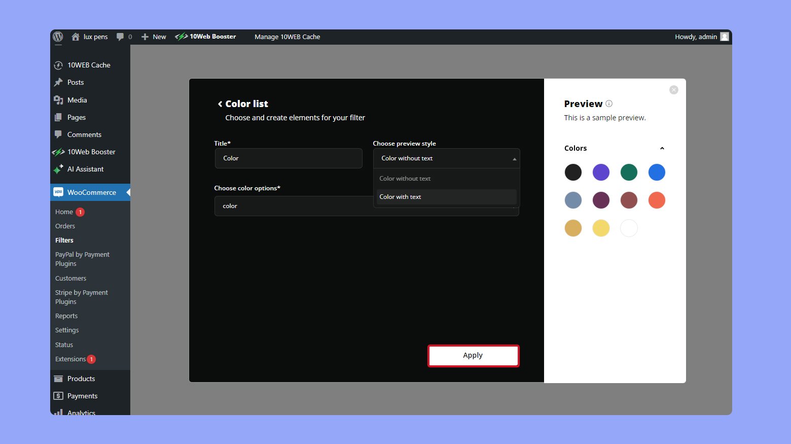 Customizing the color list field in the 10Web product filter