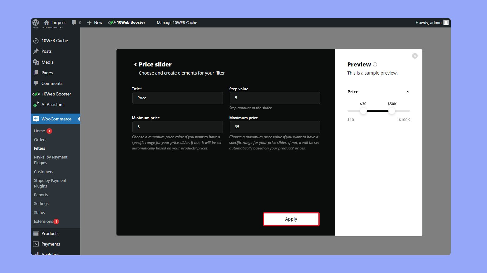 Customizing the price slider field in the 10Web product filter
