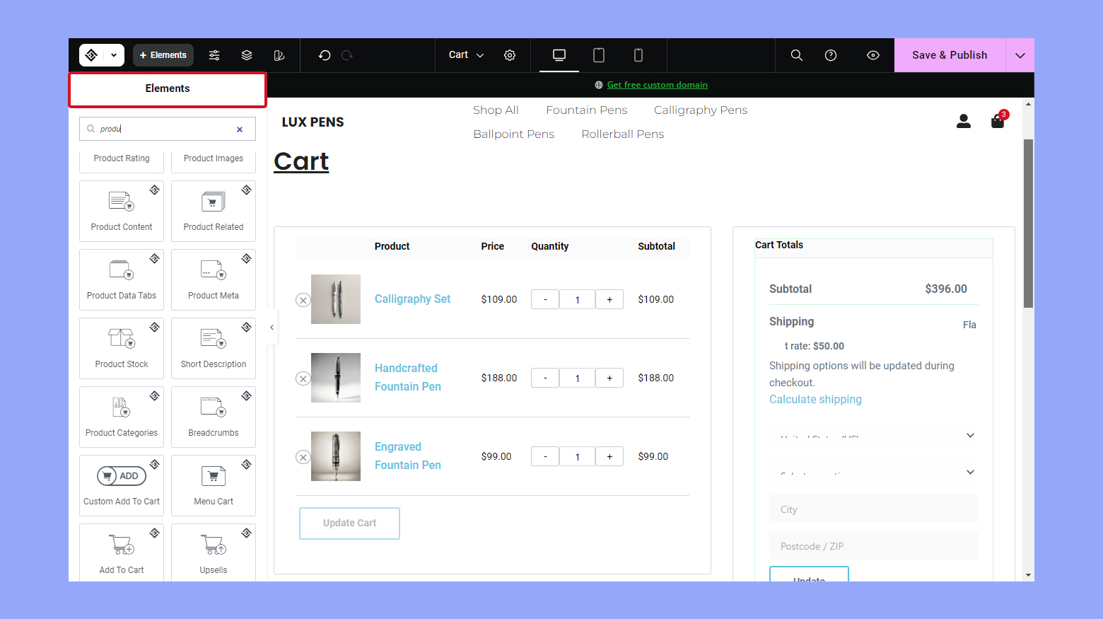 Arrastra y suelta elementos o widgets a la página de tu carrito