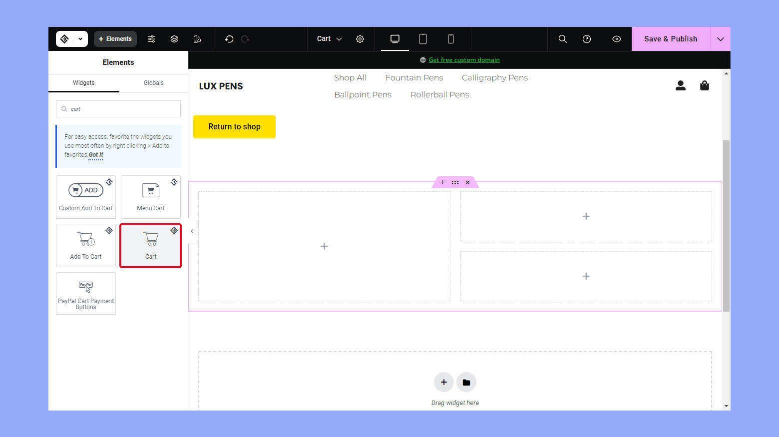 Arrastra y suelta el widget del carrito en la sección recién añadida