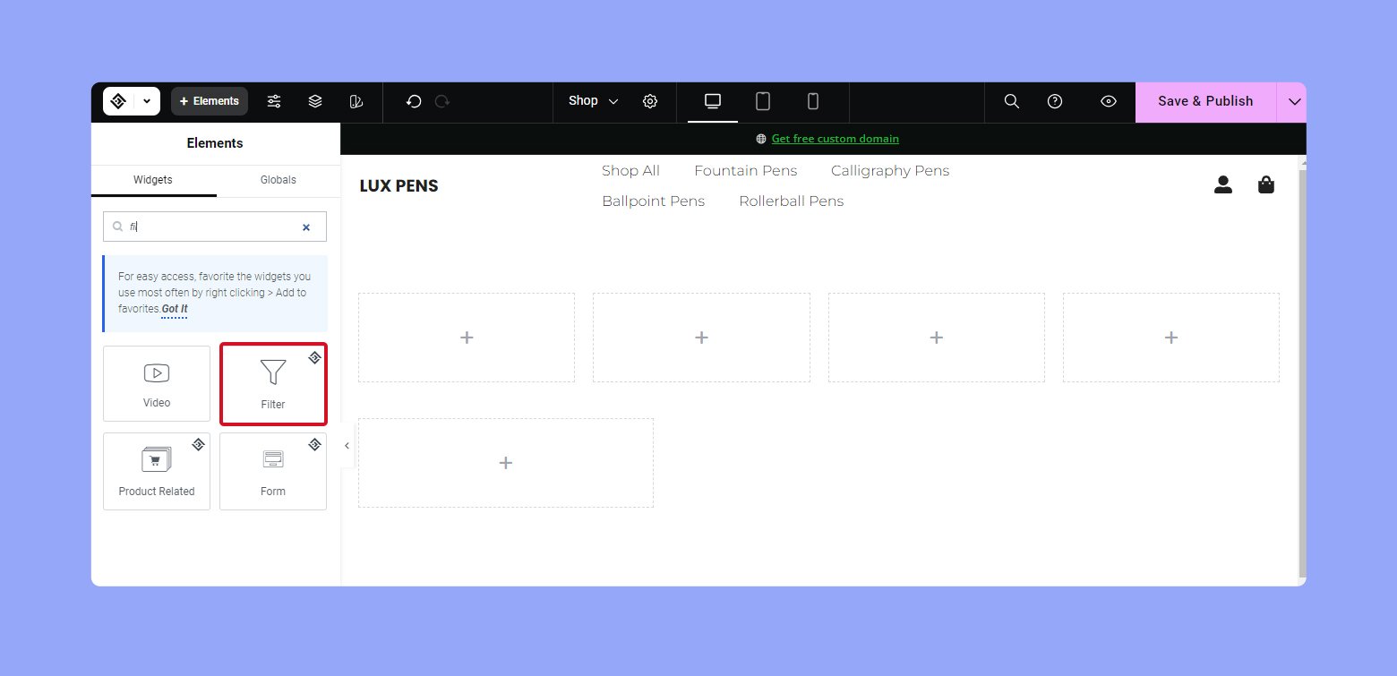 Drag and drop the filter widget into your page in the 10Web builder