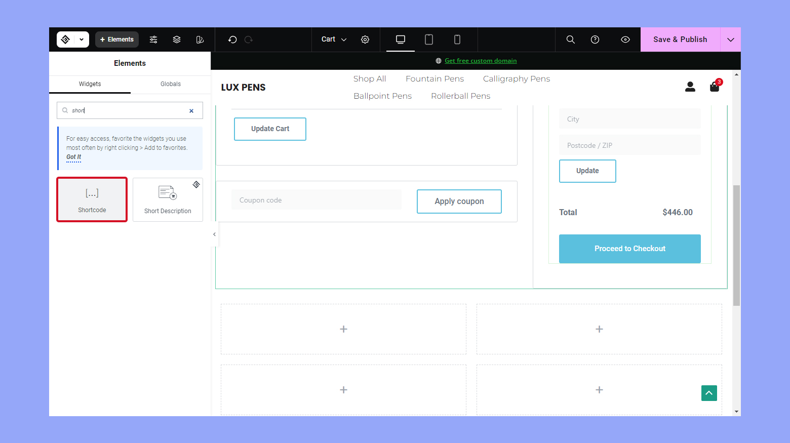 Arrastra y suelta el widget shortcode para una personalización avanzada