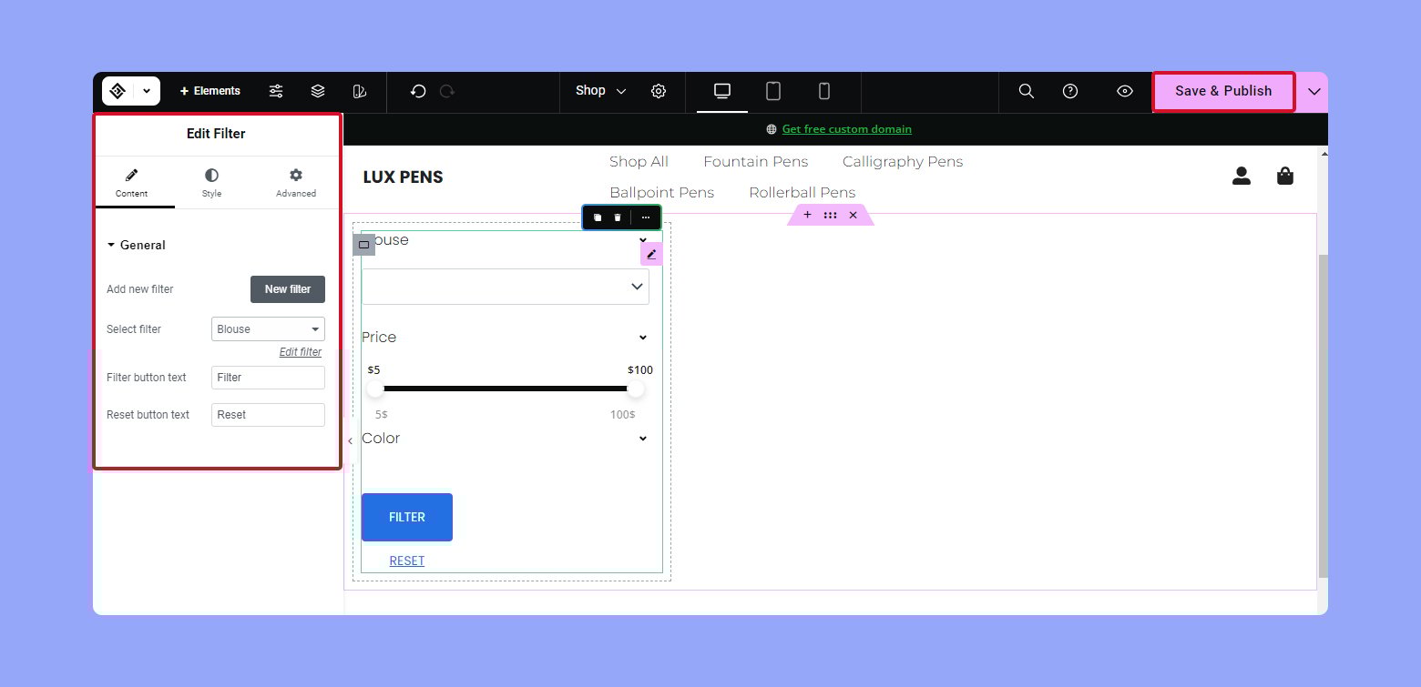 Edit the filter widget in the 10Web builder and save and publish