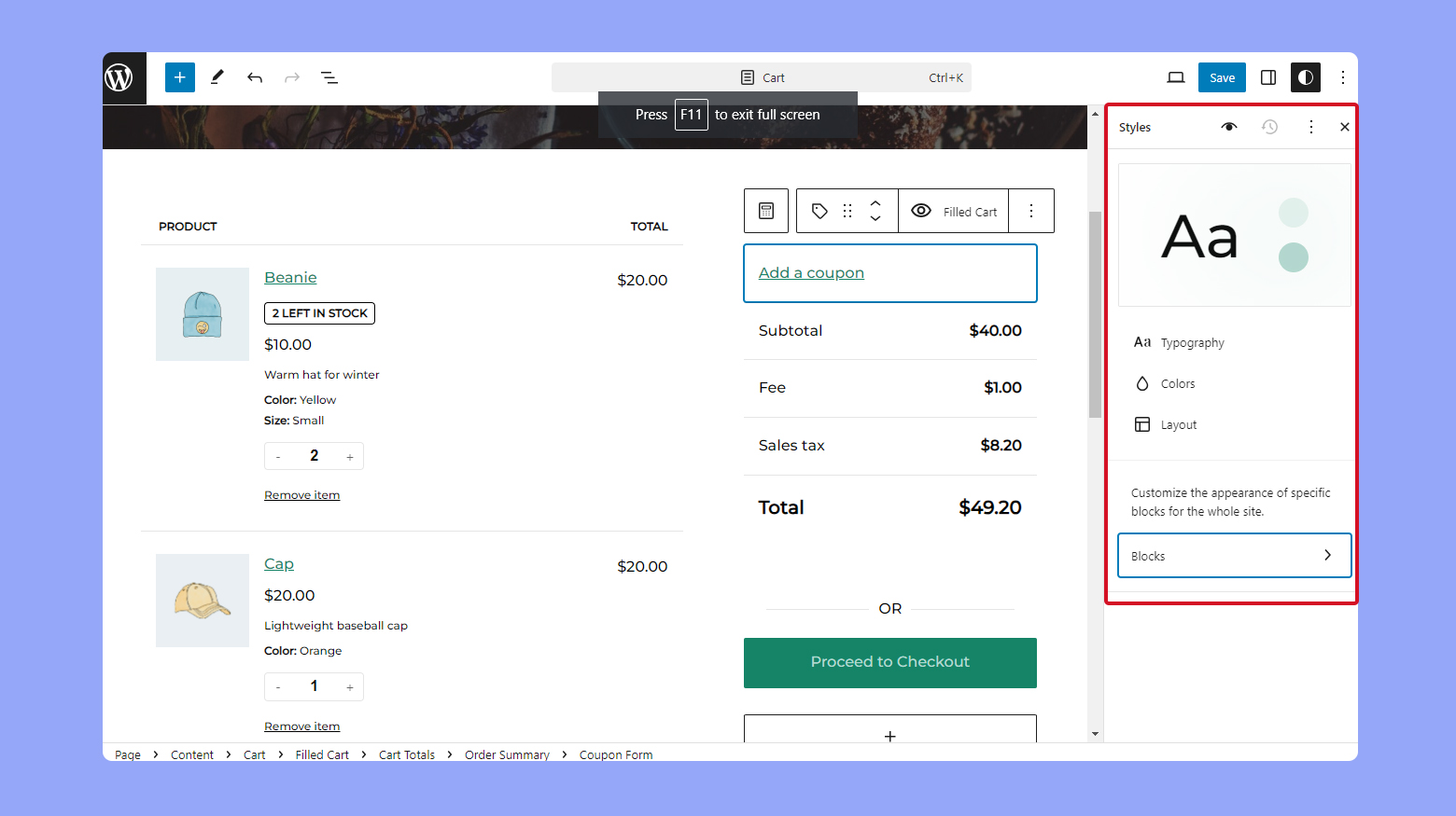 Editing design of woo commerce cart in block editor using block theme