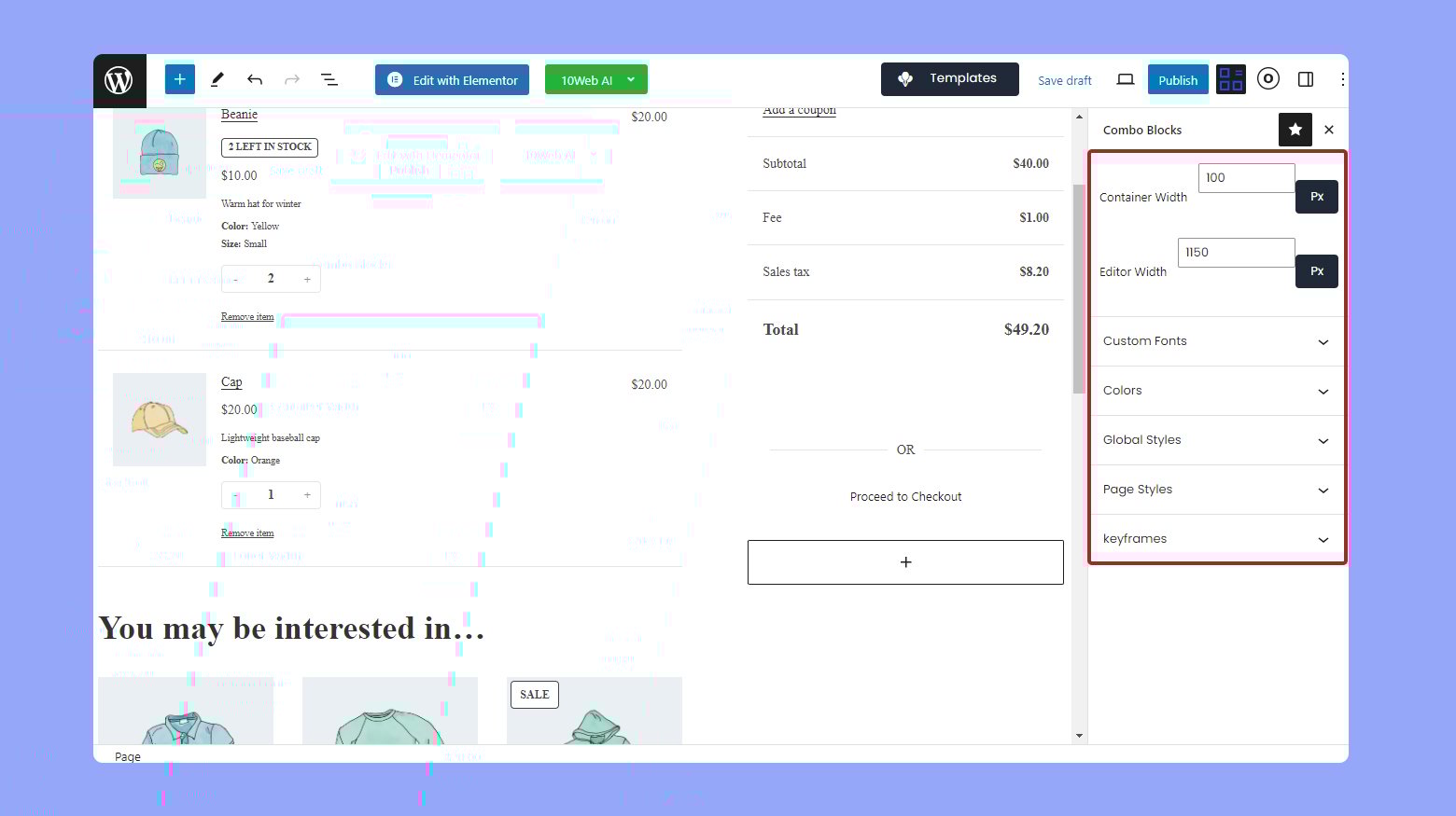 Editing design of woo commerce cart in block editor