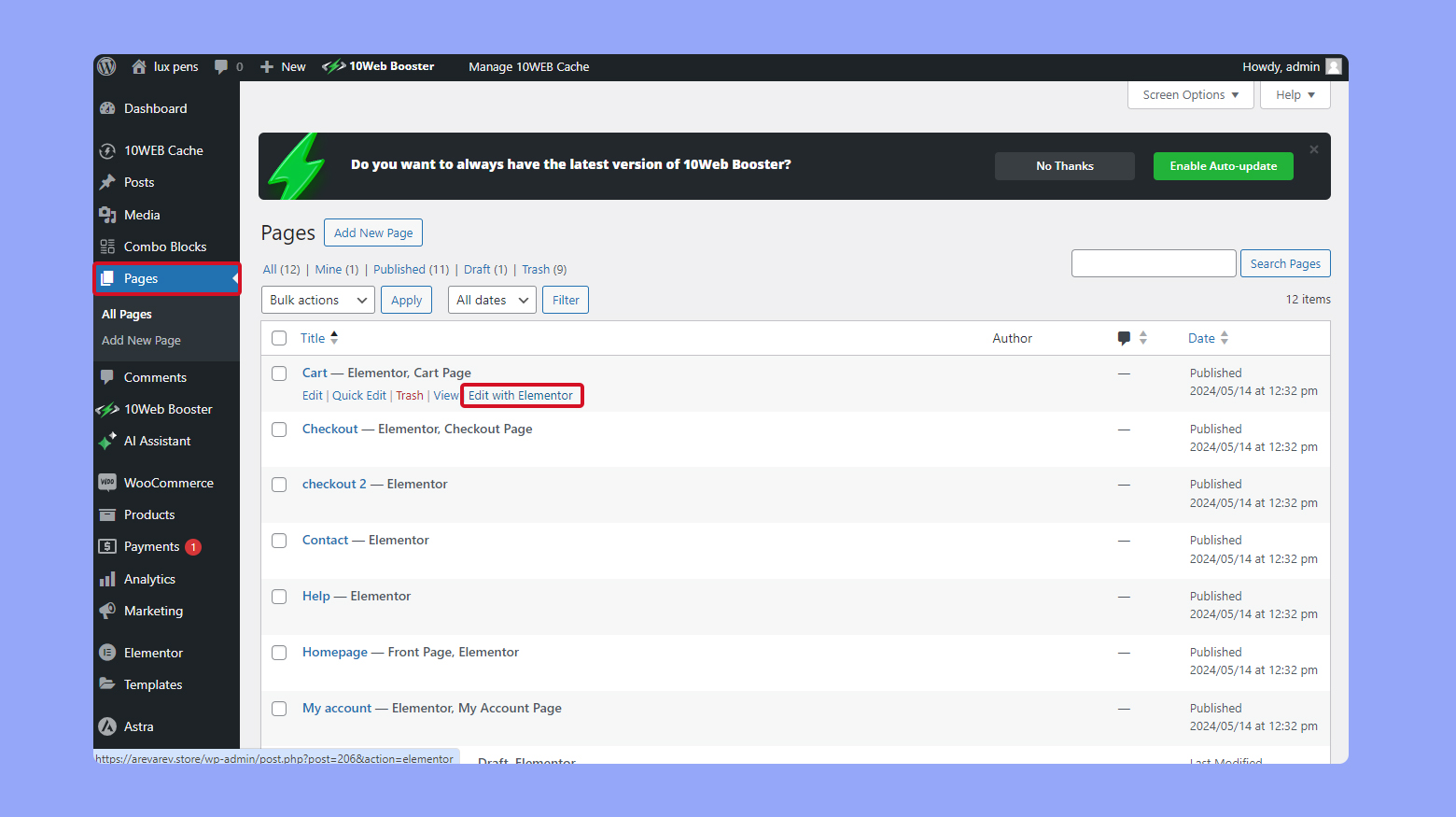 Editar la página del carro con Elementor desde el panel de control de WordPress