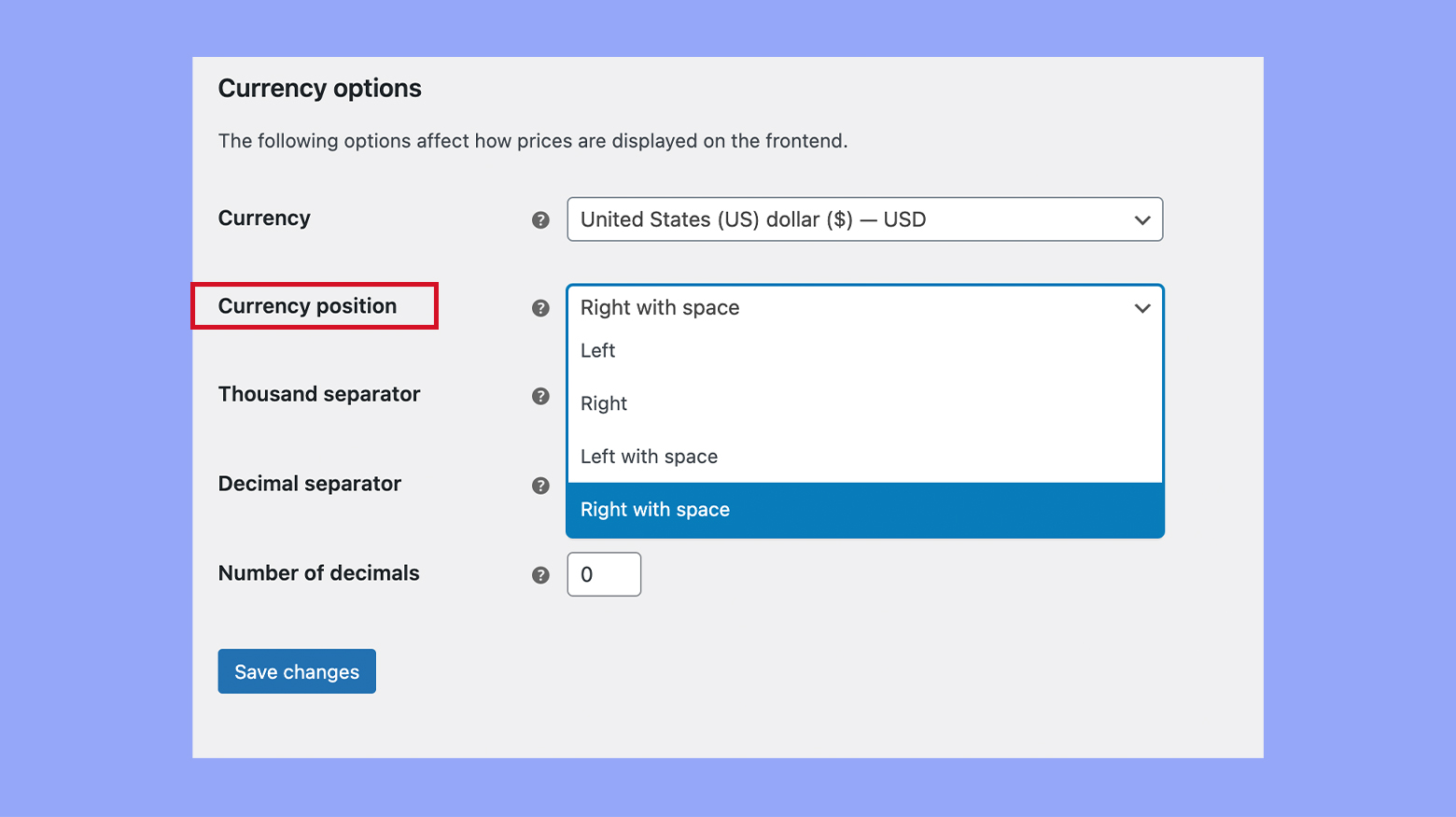 Editing the currency position in WooCommerce