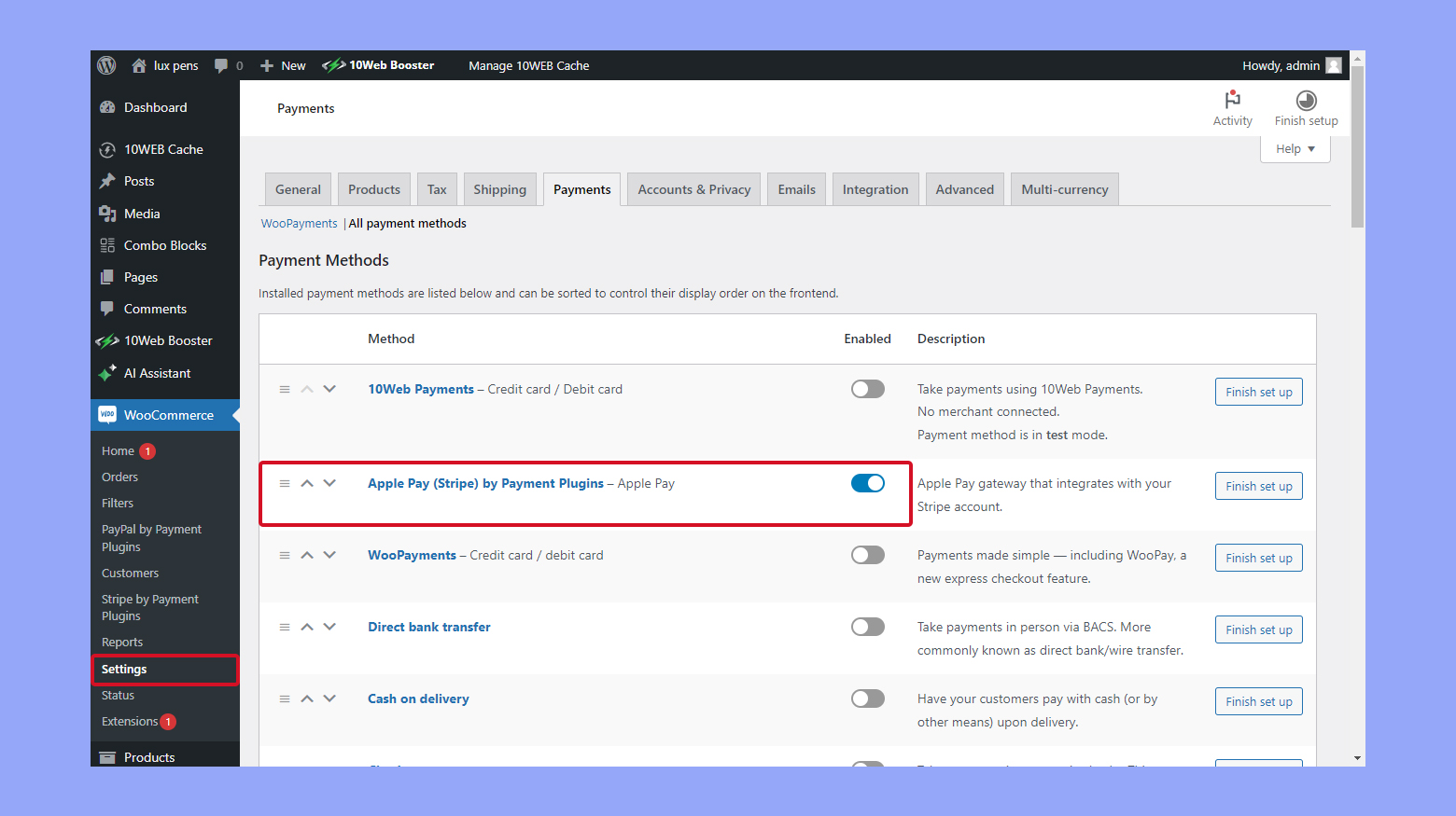 Activar Apple Pay en WooCommerce desde los ajustes de Pago