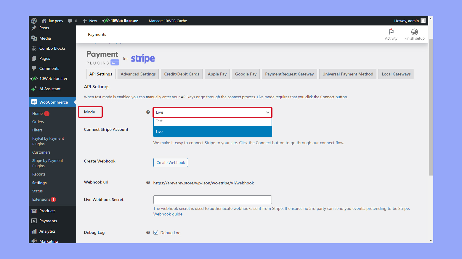 Activar el modo en directo para los pagos en los ajustes de pago de WooCommerce