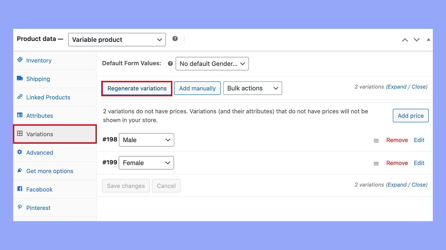 Generating variations for attributes in WooCommerce