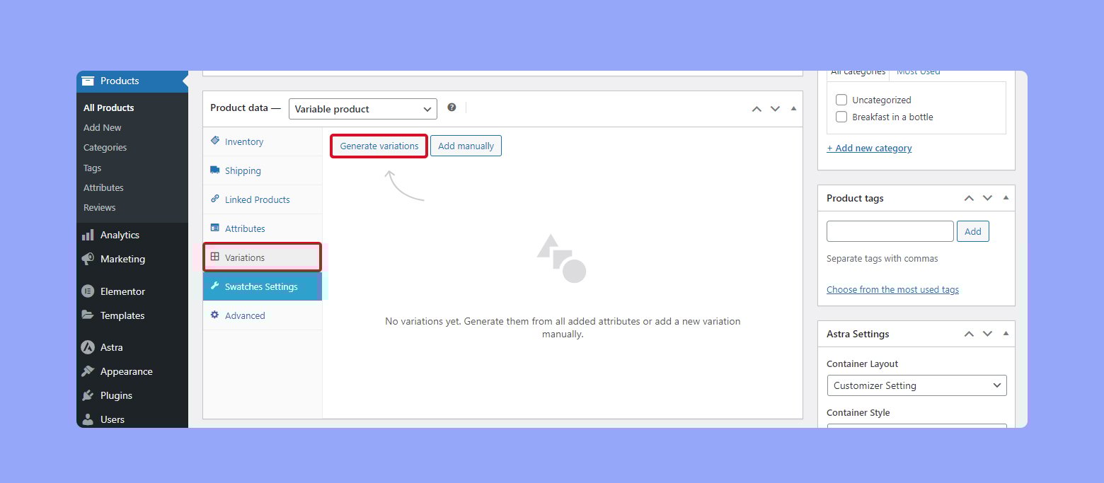 Generar variaciones de los atributos del producto