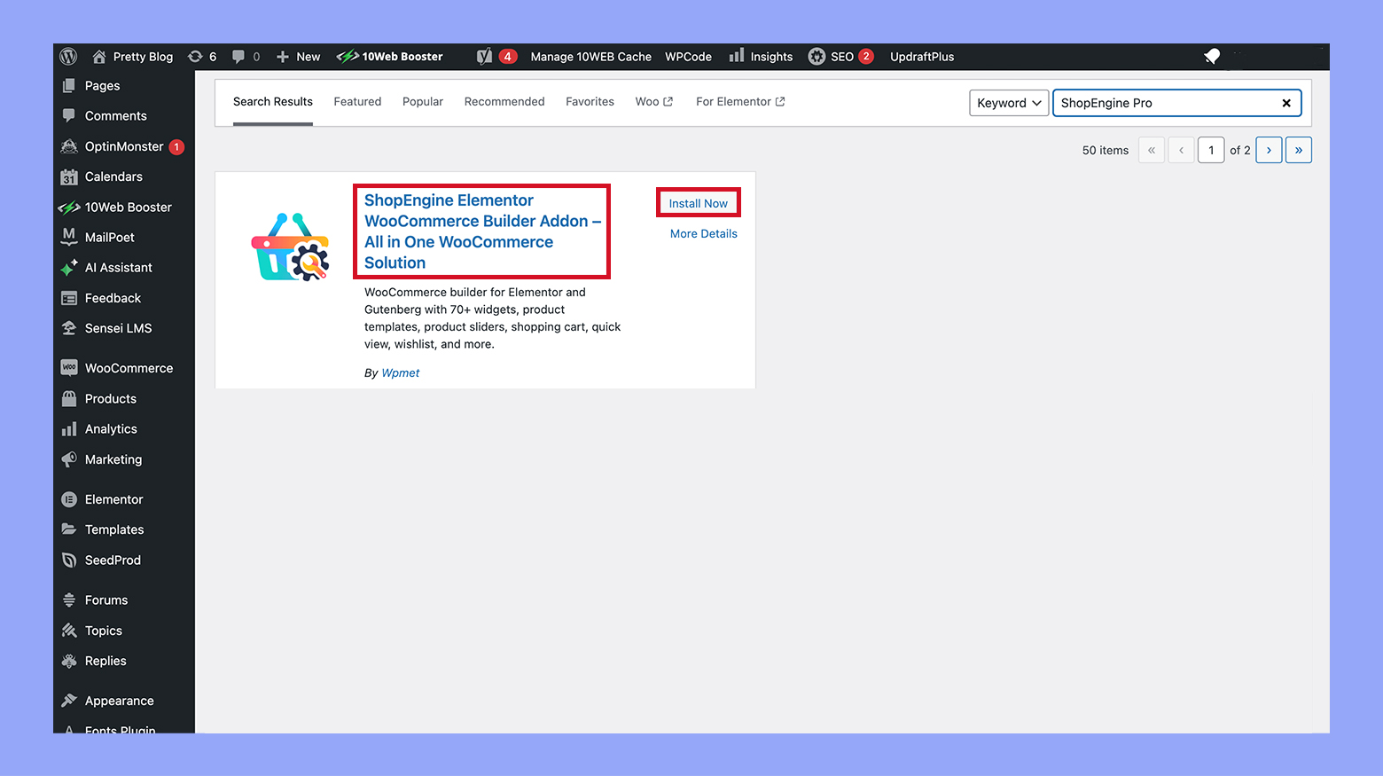 Installing ShopEngine Elementor WooCommerce builder addon