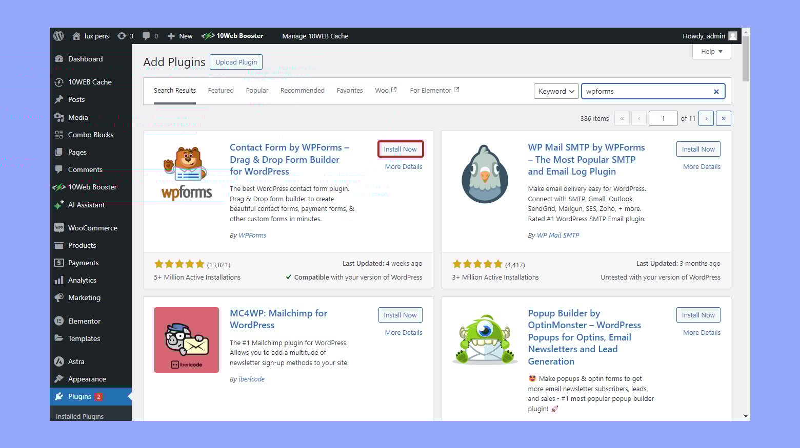 Installing a payment gateway plugin WPForms.