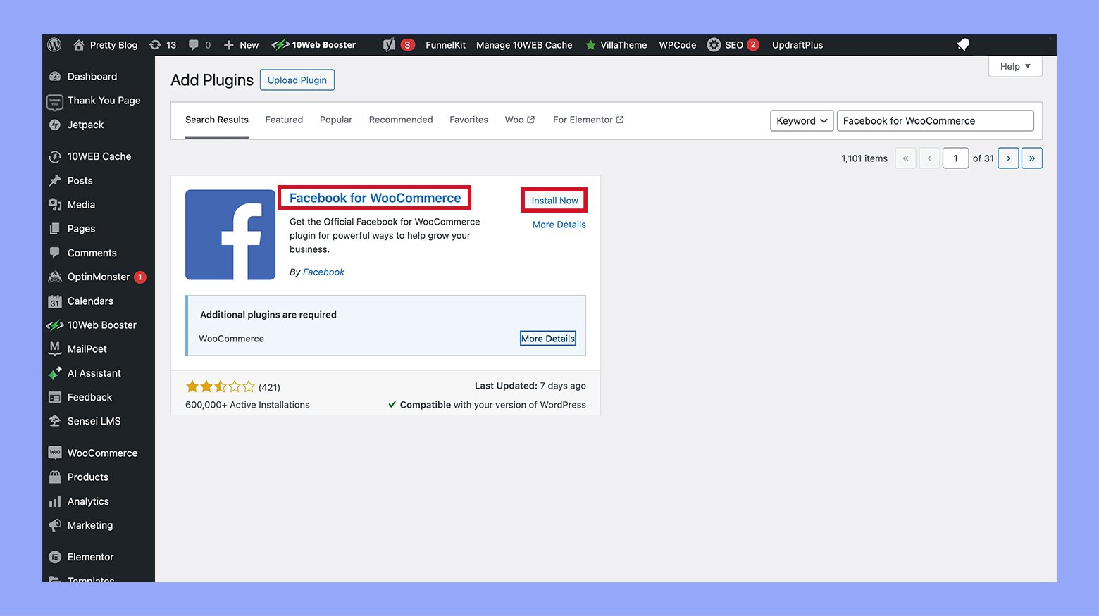 Instalación del plugin Facebook para WooCommerce