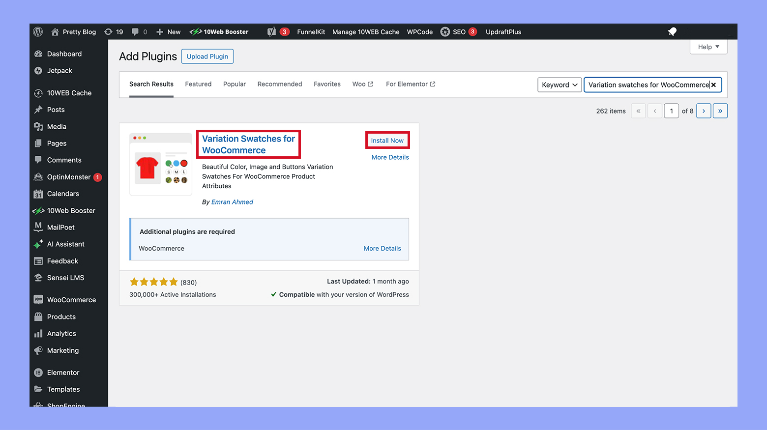 Installing the Variation swatches for WooCommerce plugin