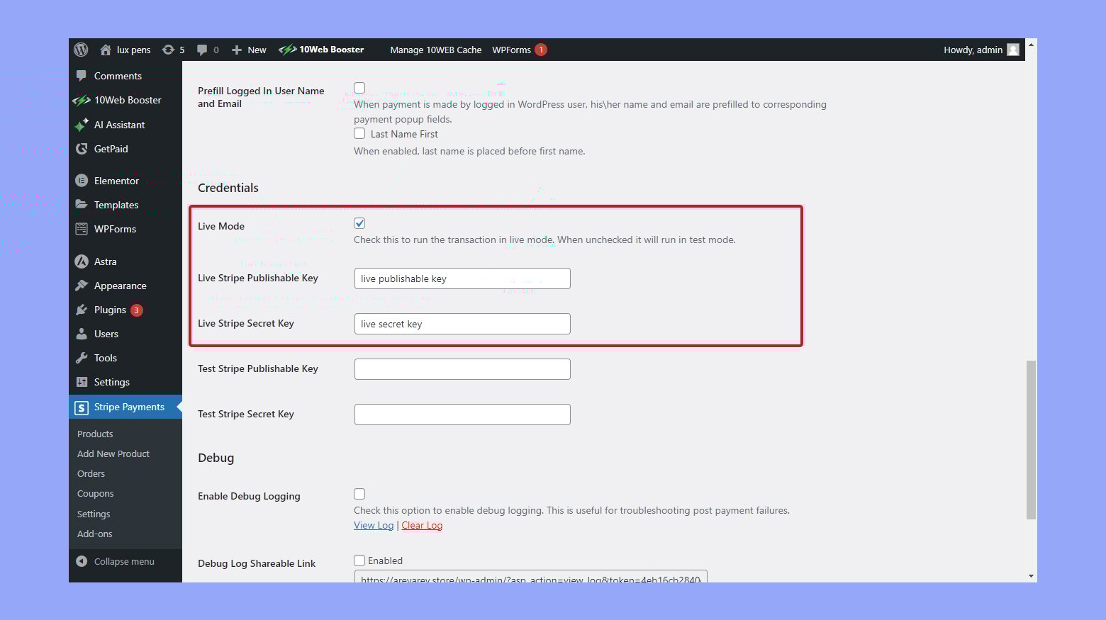 Live mode enabled in Stripe Payments