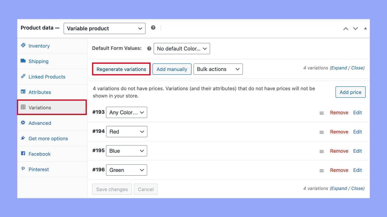 Managing product variations for attributes