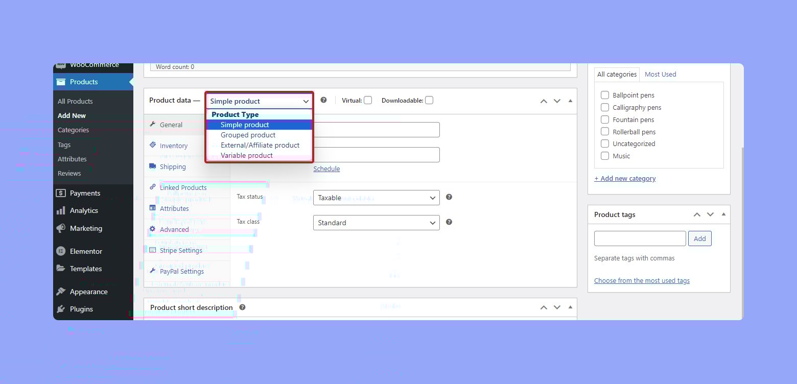 Elegir tipos de producto en WooCommerce.