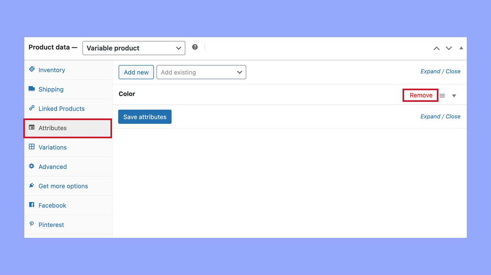 Removing attributes for variable products in WooCommerce