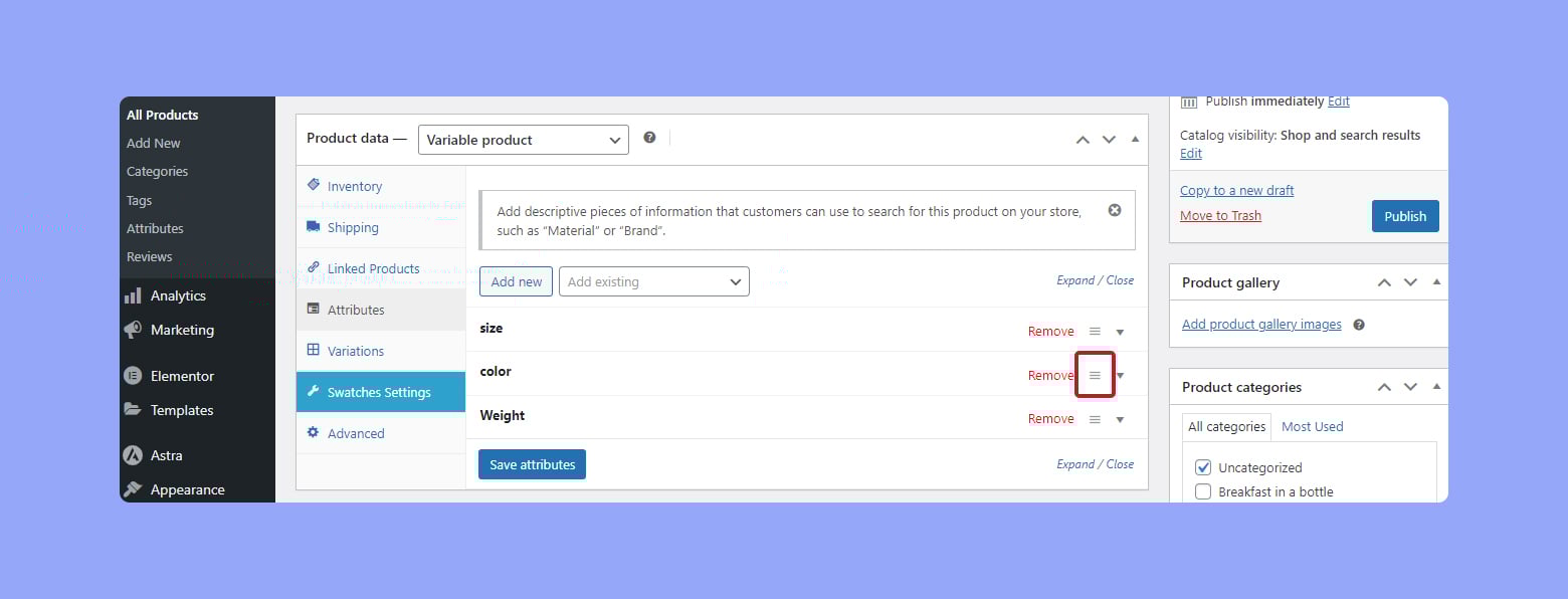 Reordering product attributes in WooCommerce.
