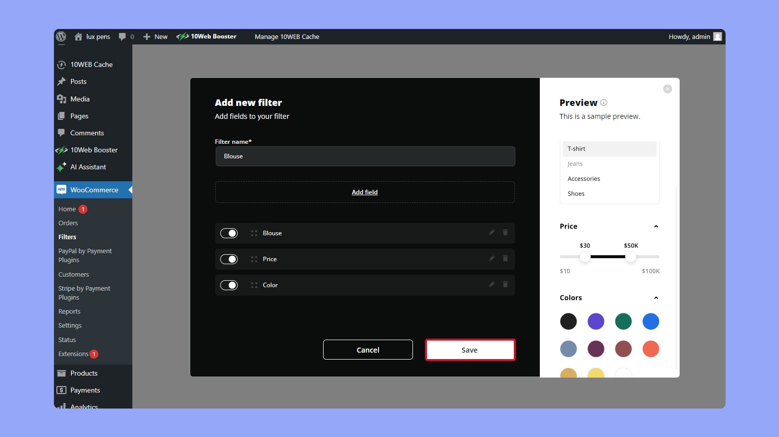 Saving your newly created 10Web product filter