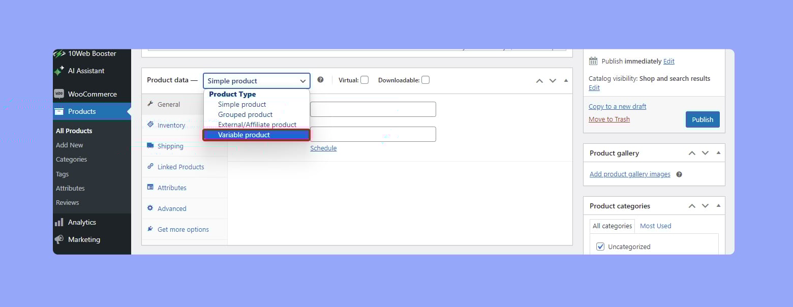 Seleccionar un producto variable en WooCommerce.