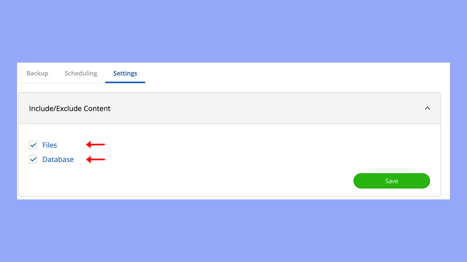 Selecting option to backup both site files and databases.