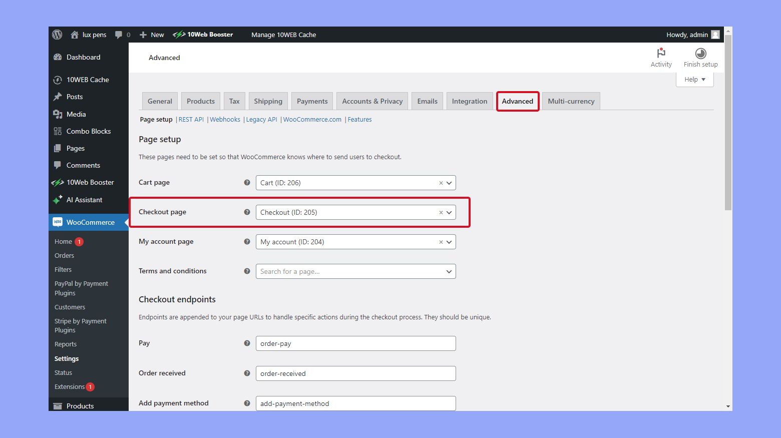 Selecting the correct checkout page in the WooCommerce advanced settings