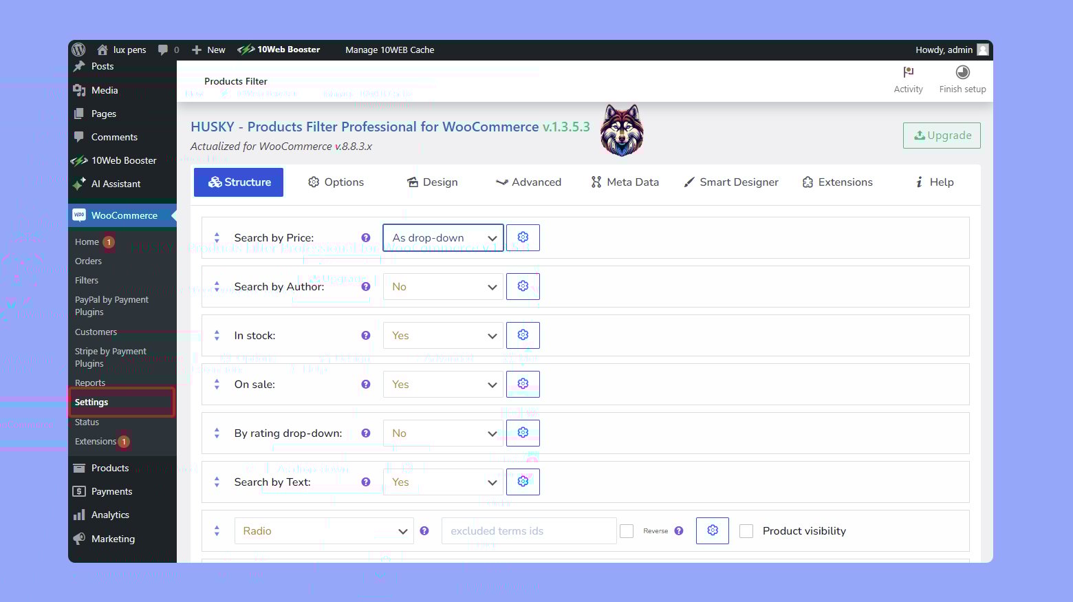 Settings for Husky product filter