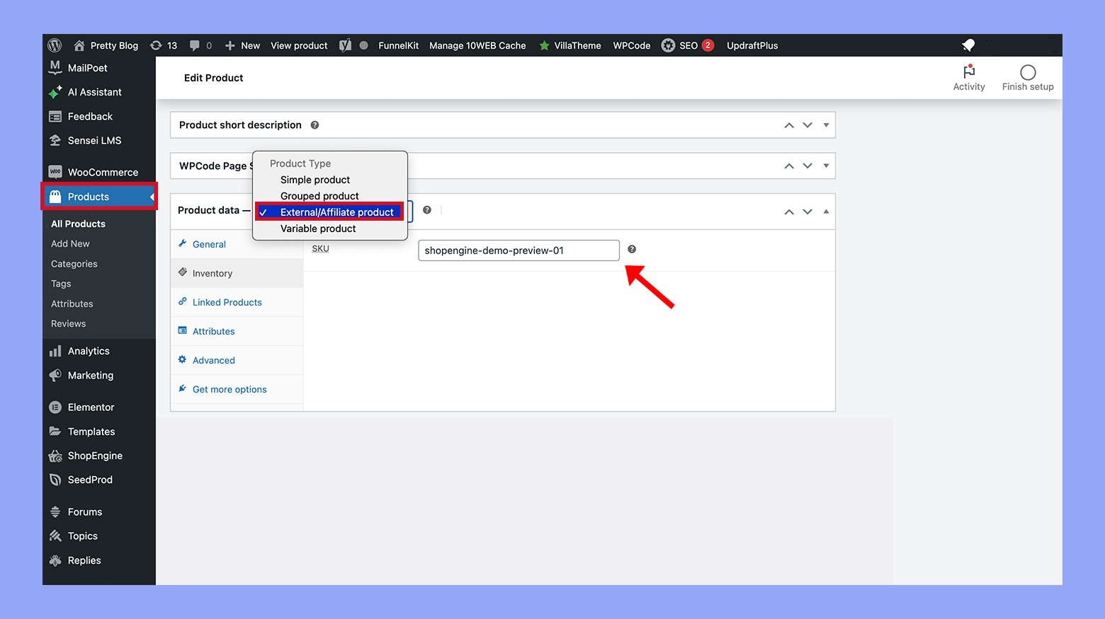 Establecer los datos del Producto en un producto Externo:Afiliado