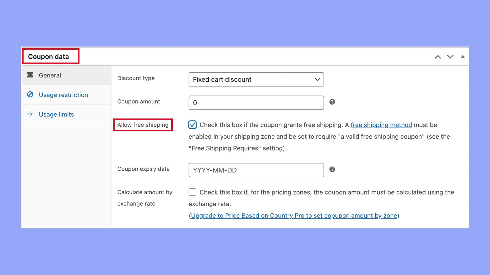 Setting up free shipping in Coupon data panel