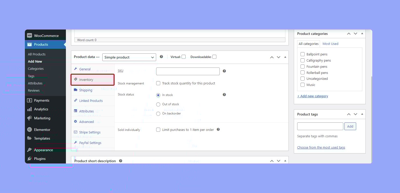 Configurar el inventario en la sección de datos del producto en WooCommerce.