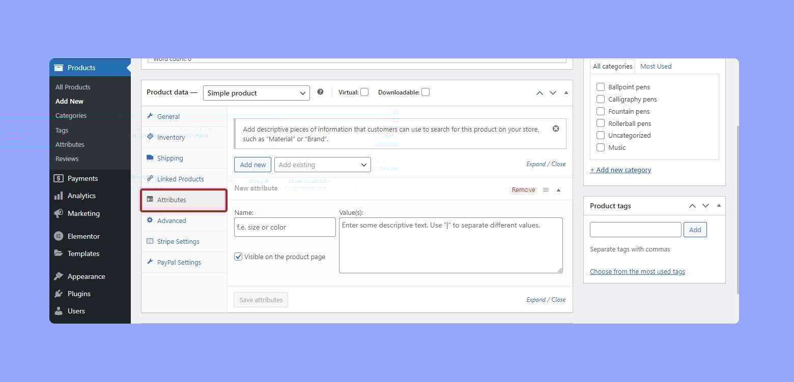 Configurar atributos de producto en la sección de datos de producto en WooCommerce