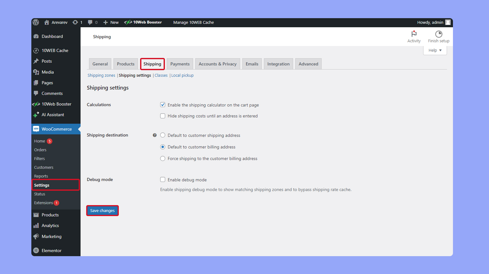 Setting up shipping options in WooCommerce.