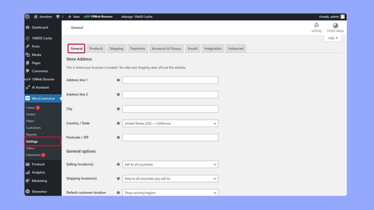 Opciones generales de configuración en WooCommerce. Dirección y ubicación de la tienda.