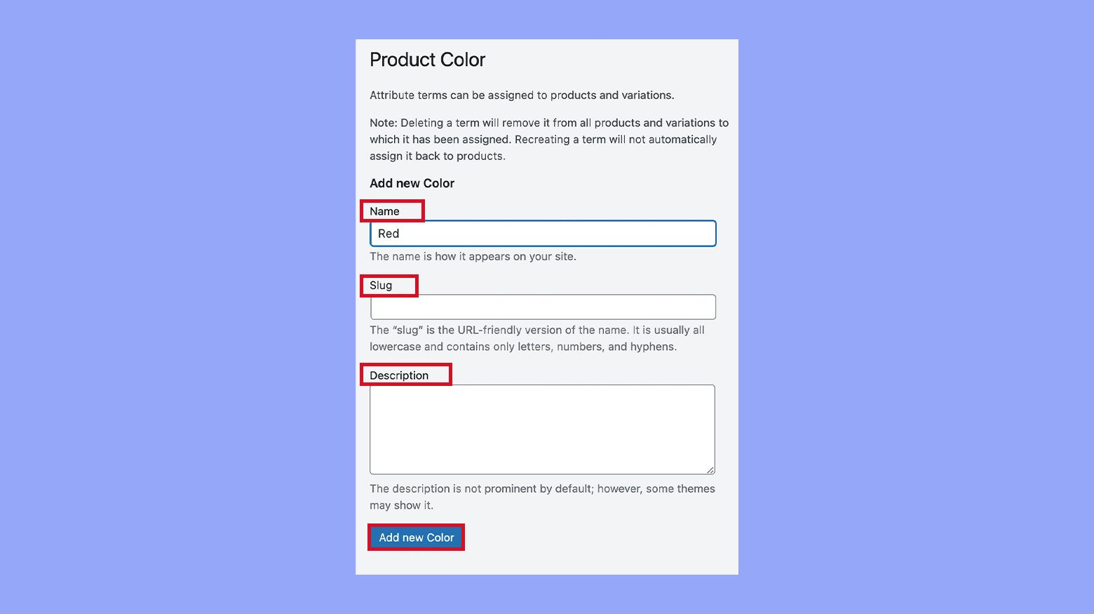 Setting the attribute name and slug in WooCommerce