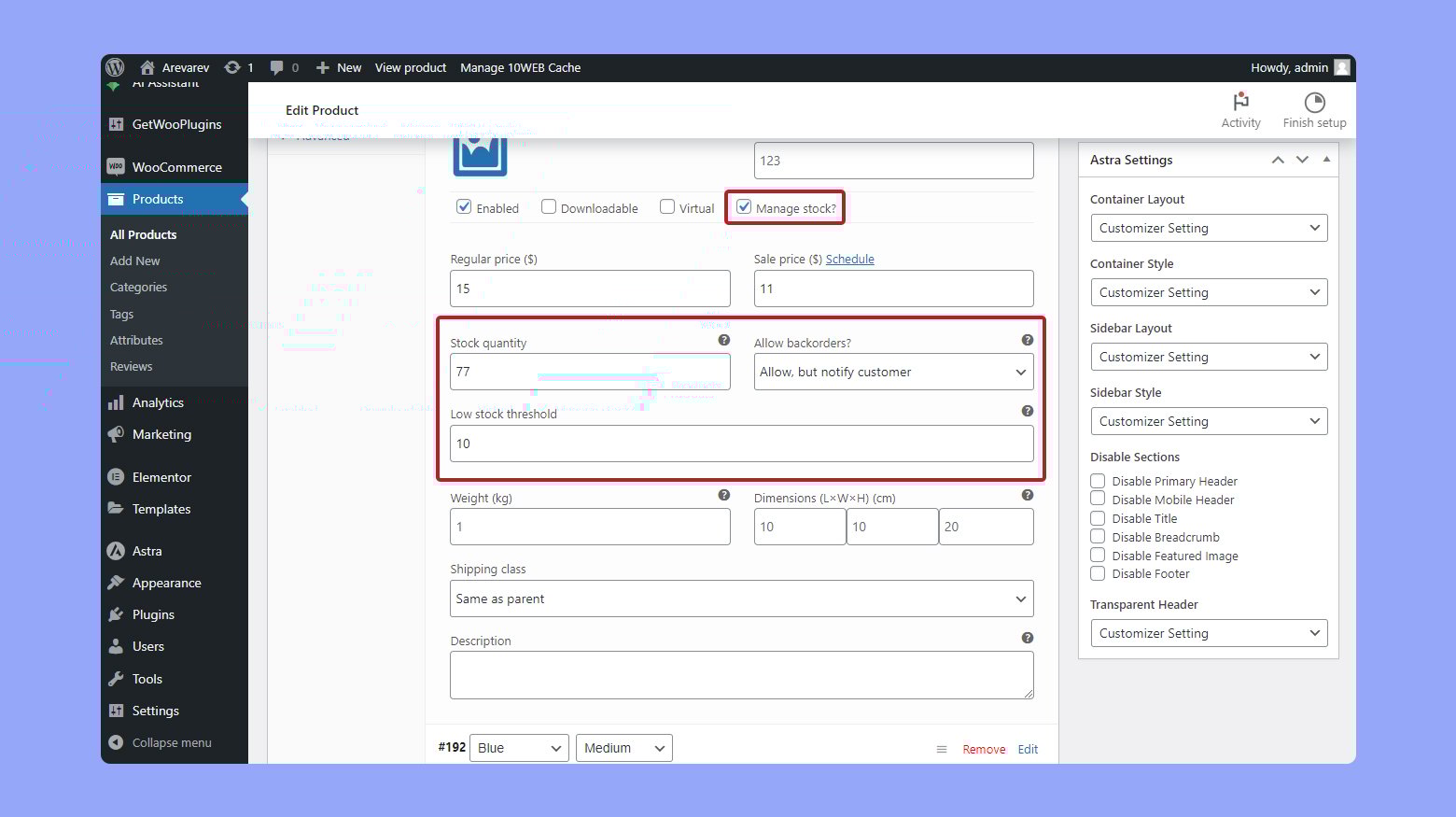 Gestión de existencias de variaciones individuales de un producto variable